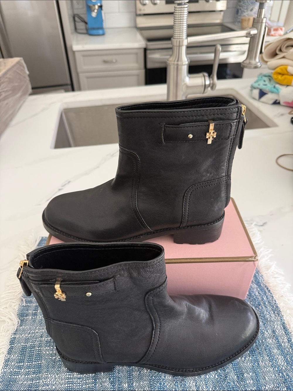 Tory Burch Black Leather Zip-Back Ankle Boots with Gold Hardware